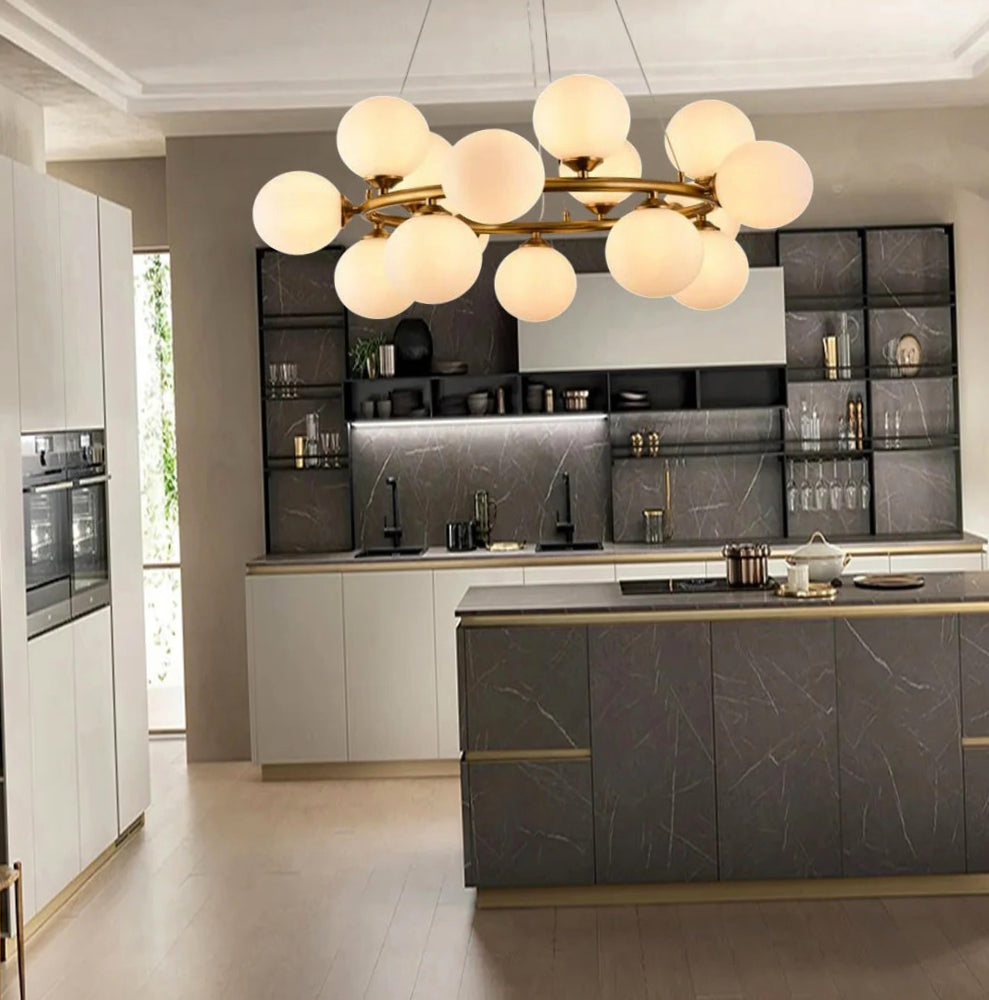 Lampadario contemporaneo in bronzo – A sospensione con 15 sfere, attacco G9 - ambraled