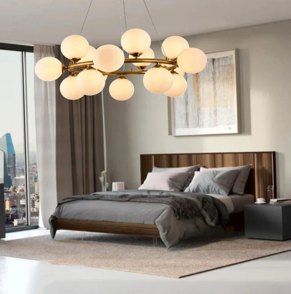 Lampadario contemporaneo in bronzo – A sospensione con 15 sfere, attacco G9 - ambraled