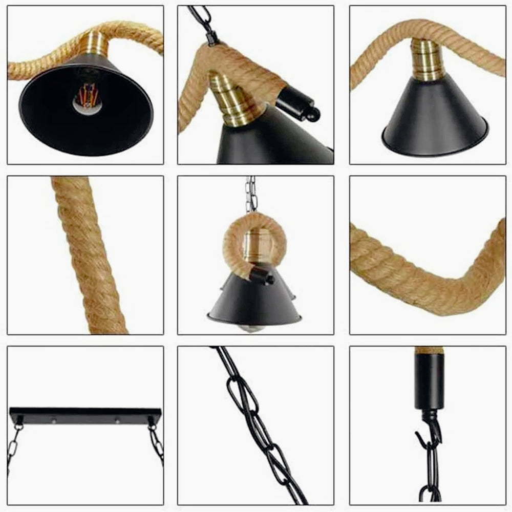 Lampadario da soffitto con corda in canapa – 3 paralumi, attacco E27 - ambraled