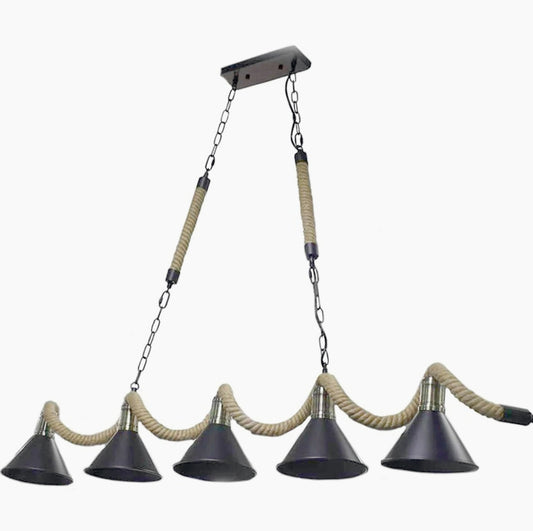 Lampadario da soffitto con corda in canapa – 5 paralumi a campana, attacco E27 - ambraled