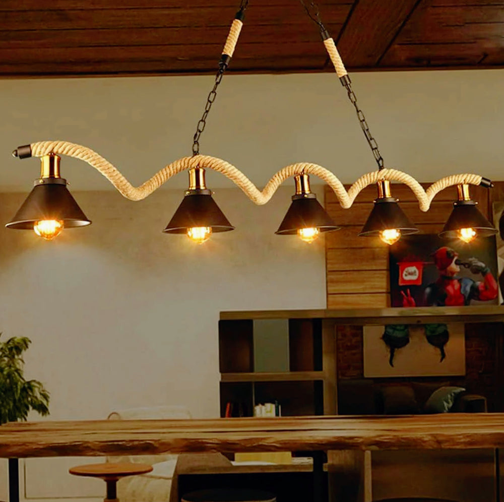 Lampadario da soffitto con corda in canapa – 5 paralumi a campana, attacco E27 - ambraled