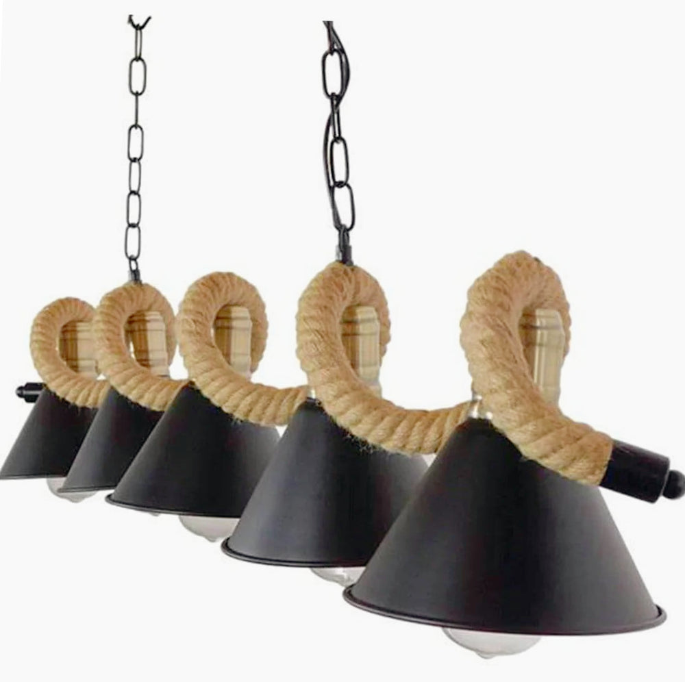 Lampadario da soffitto con corda in canapa – 5 paralumi a campana, attacco E27 - ambraled