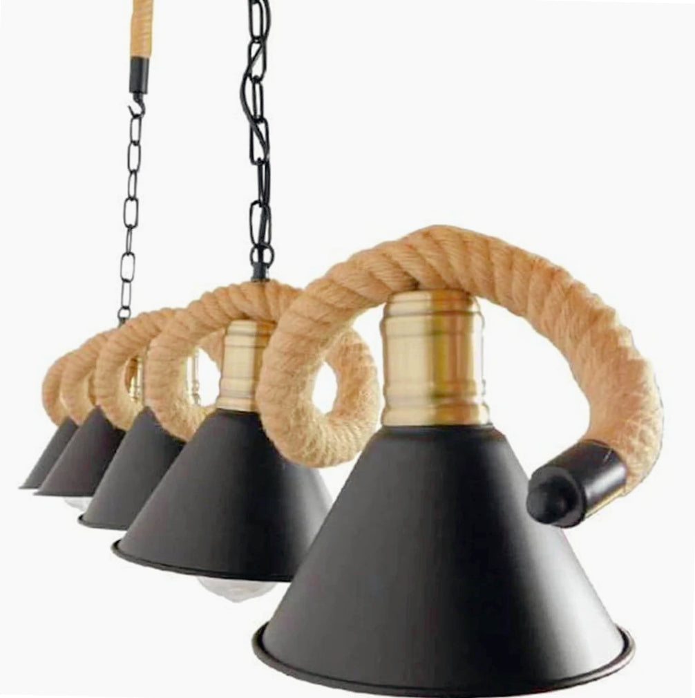 Lampadario da soffitto con corda in canapa – 5 paralumi a campana, attacco E27 - ambraled