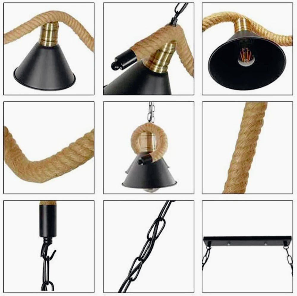 Lampadario da soffitto con corda in canapa – 5 paralumi a campana, attacco E27 - ambraled