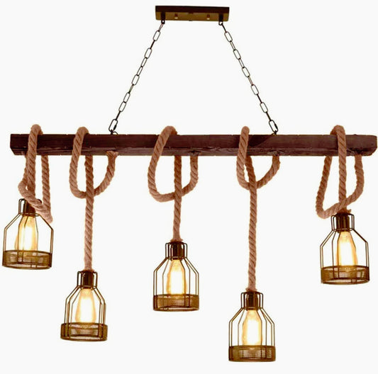 Lampadario in legno con 5 portalampade – Corda di canapa e metallo, attacco E27 - ambraled