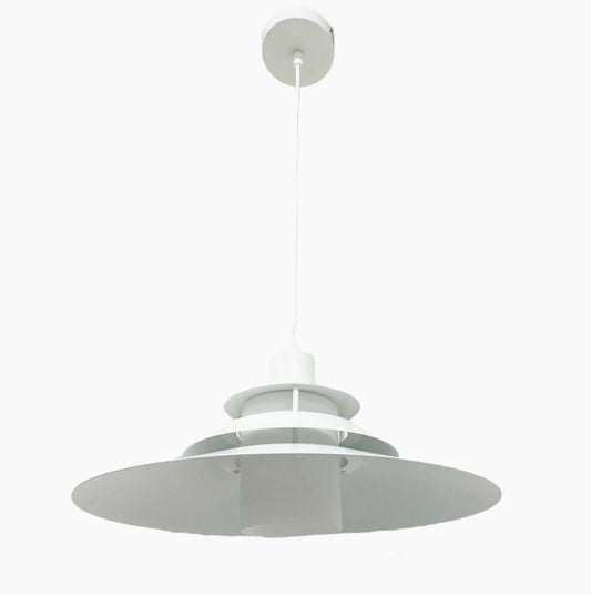 Lampadario industriale pendente – Bianco metallo, paralume in vetro, attacco E27 - ambraled