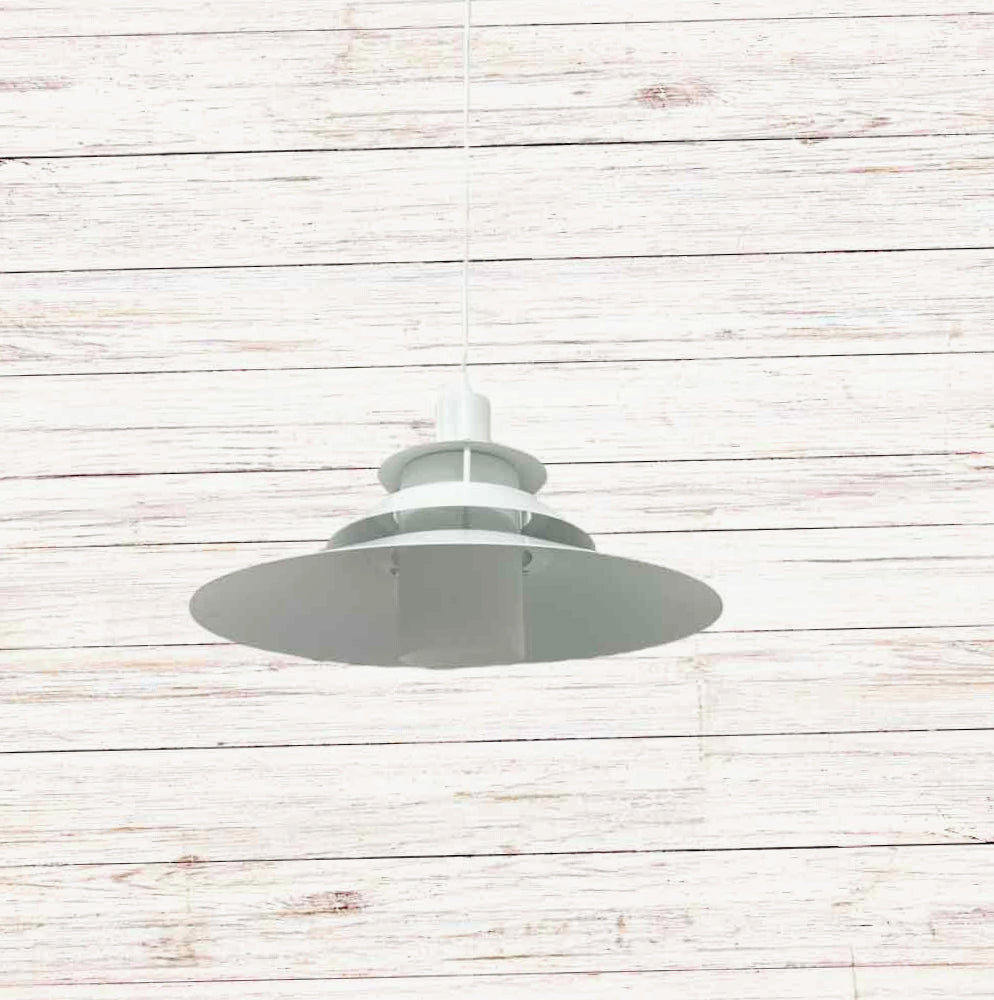 Lampadario industriale pendente – Bianco metallo, paralume in vetro, attacco E27 - ambraled