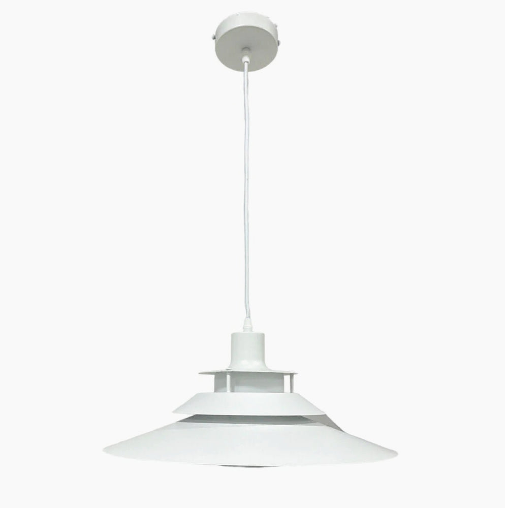 Lampadario industriale pendente – Bianco metallo, paralume in vetro, attacco E27 - ambraled