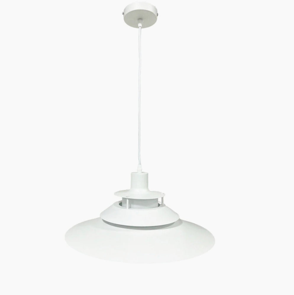 Lampadario industriale pendente – Bianco metallo, paralume in vetro, attacco E27 - ambraled