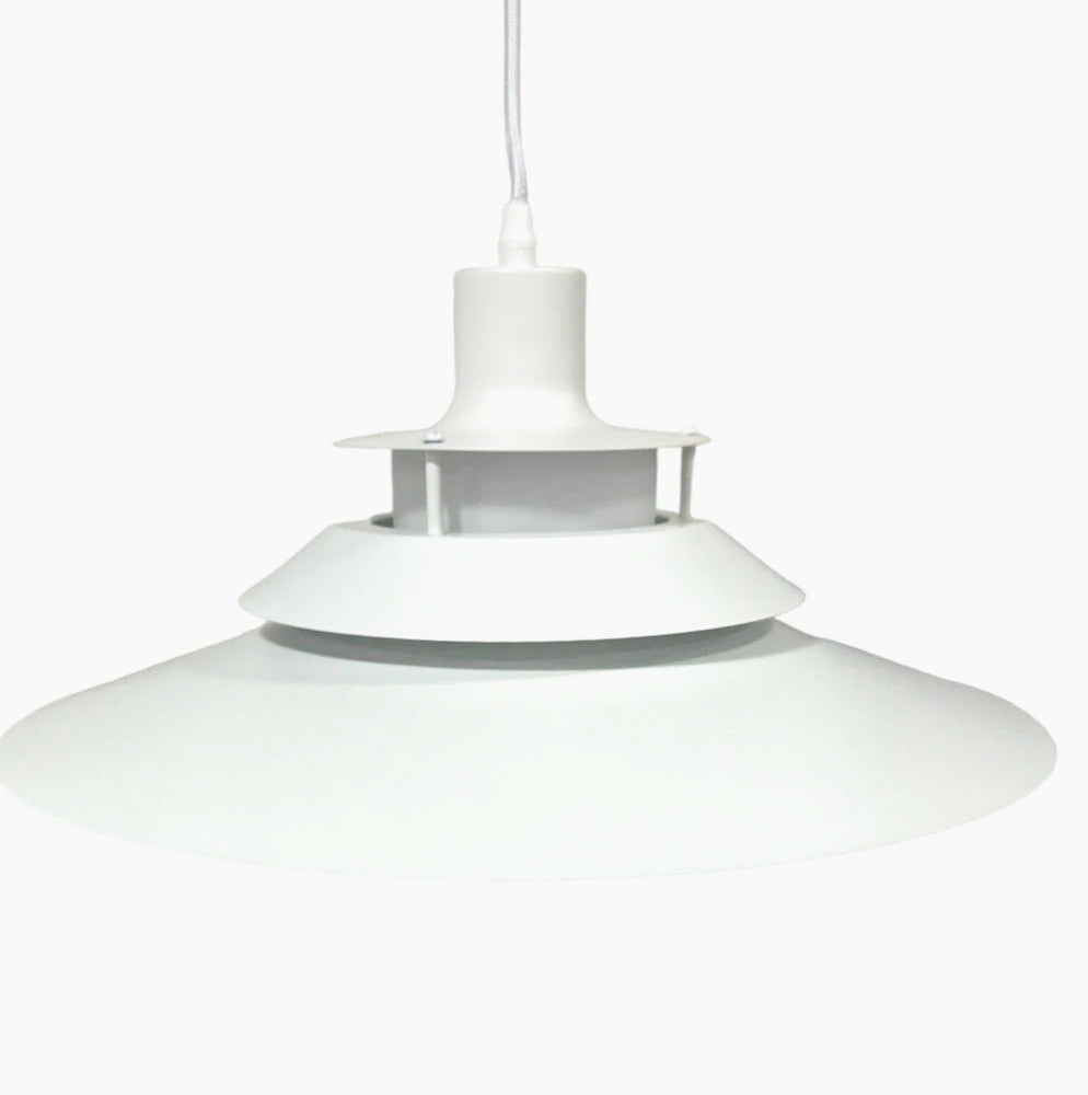 Lampadario industriale pendente – Bianco metallo, paralume in vetro, attacco E27 - ambraled