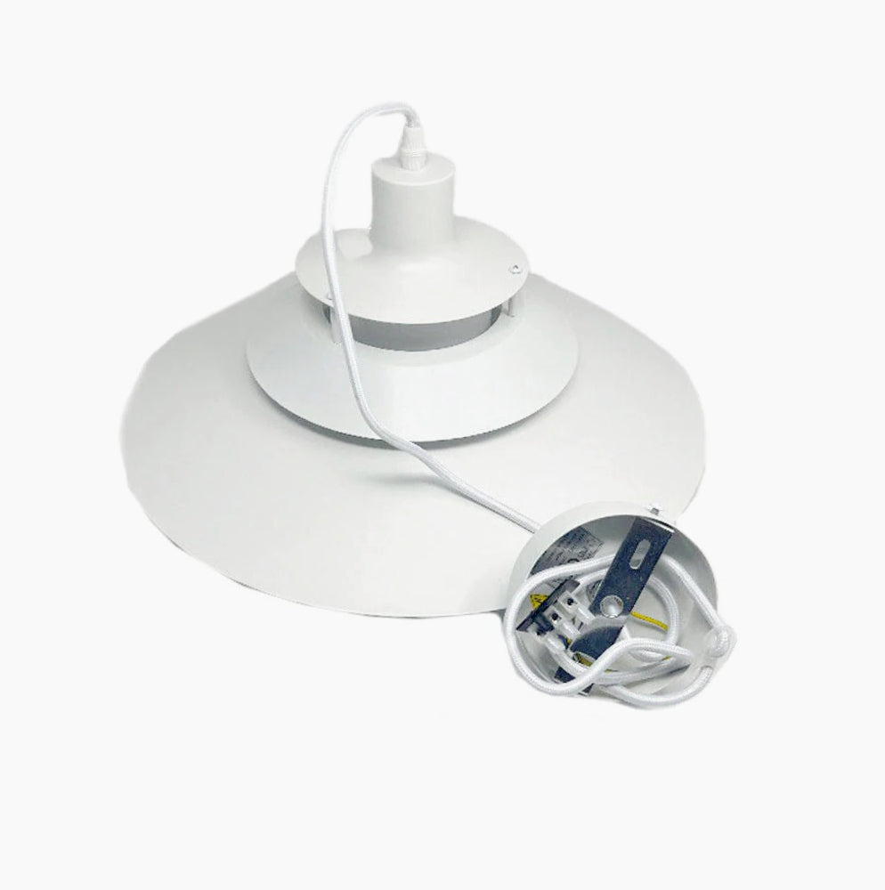 Lampadario industriale pendente – Bianco metallo, paralume in vetro, attacco E27 - ambraled