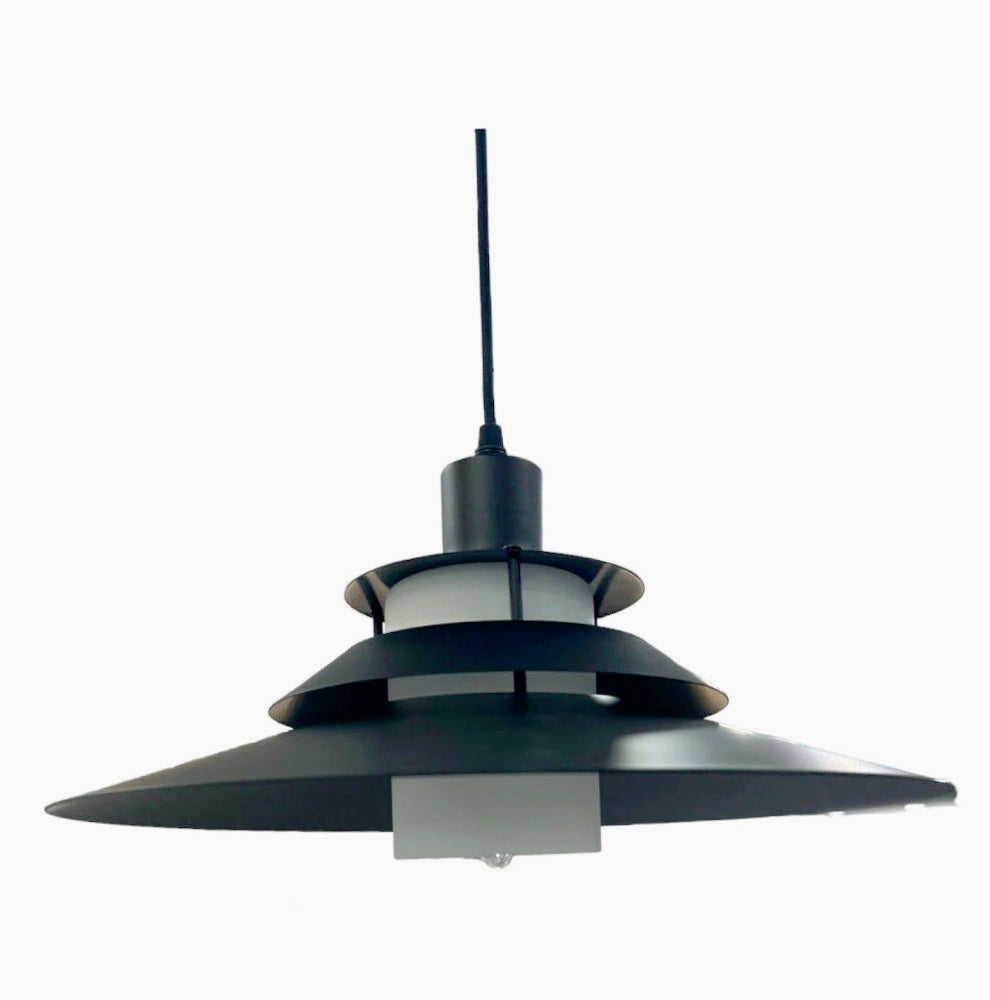 Lampadario industriale pendente – Nero metallo, paralume in vetro, base E27 - ambraled