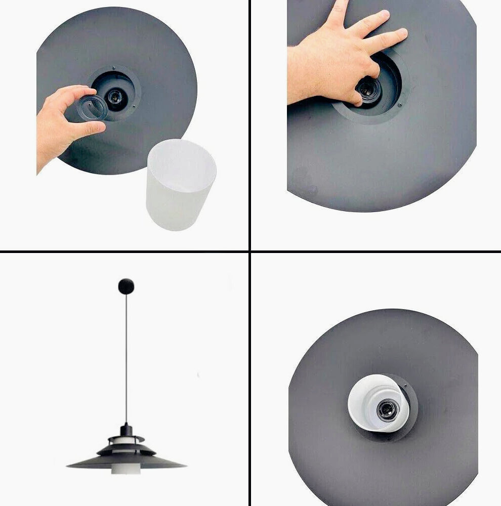 Lampadario industriale pendente – Nero metallo, paralume in vetro, base E27 - ambraled