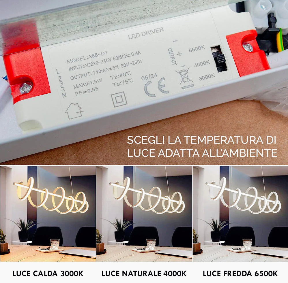 Lampadario LED 60W – Design twist, colore bianco, CCT 3 temperature di luce (6500K – 3000K) - ambraled