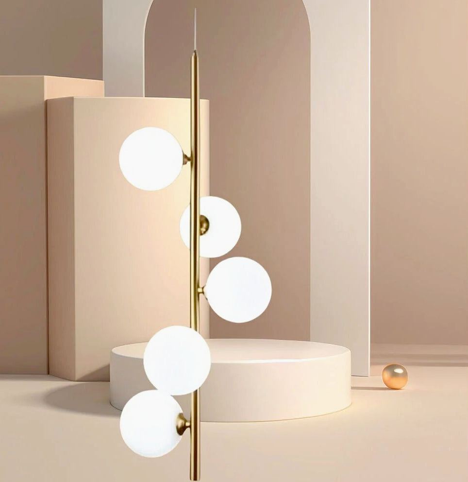 Lampadario minimalista in bronzo con 5 sfere su steli verticali – Attacco G9 - ambraled