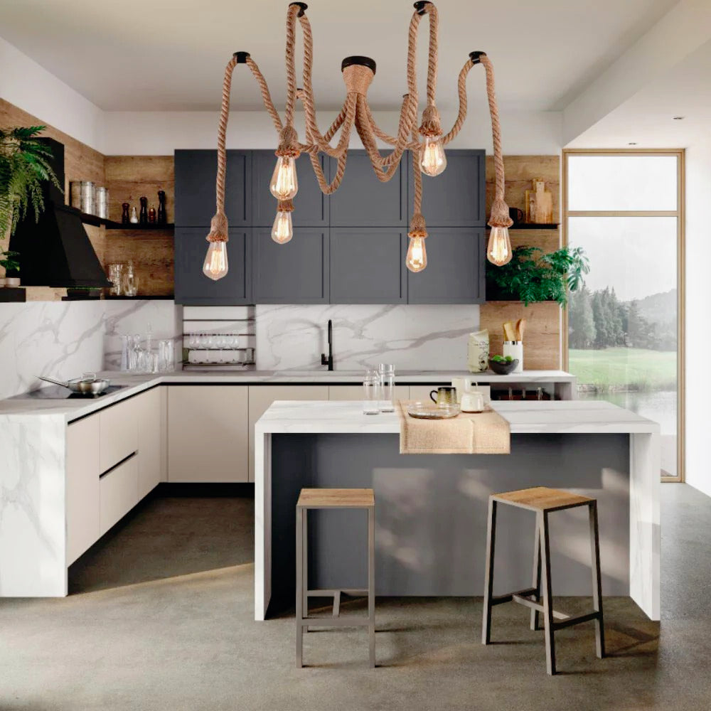 Lampadario ragno a sospensione con 6 corde e portalampade E27 – Design retrò - ambraled