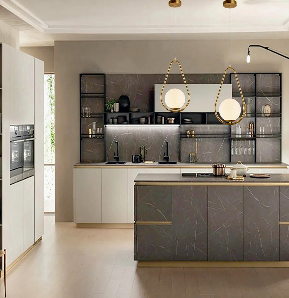 Lampadario sospensione a goccia in bronzo con sfera – Design contemporaneo, attacco G9 - ambraled
