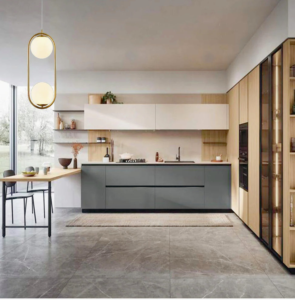 Lampadario sospensione ovale in bronzo – Con due sfere, attacco G9, stile contemporaneo - ambraled
