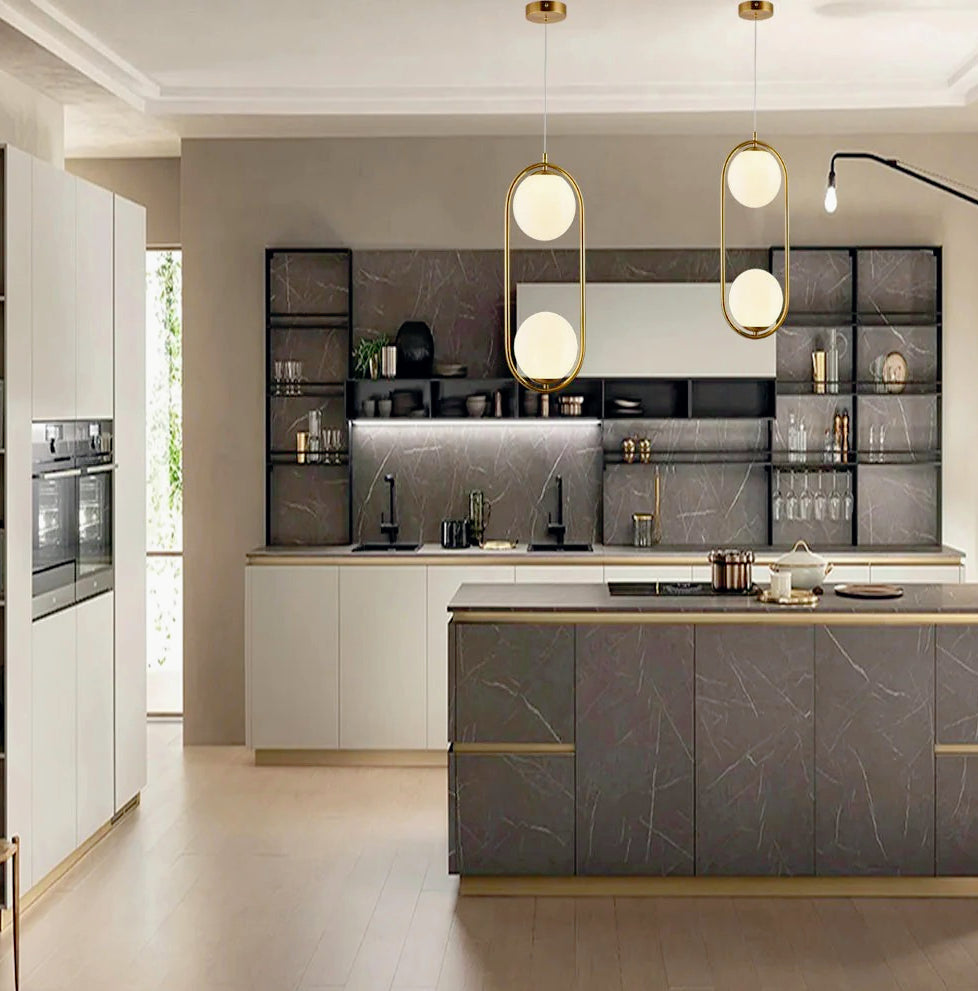 Lampadario sospensione ovale in bronzo – Con due sfere, attacco G9, stile contemporaneo - ambraled
