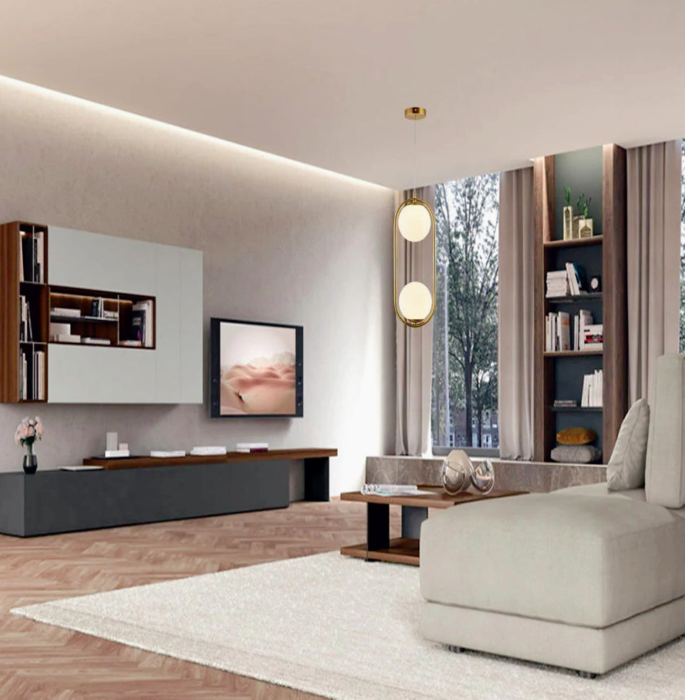 Lampadario sospensione ovale in bronzo – Con due sfere, attacco G9, stile contemporaneo - ambraled