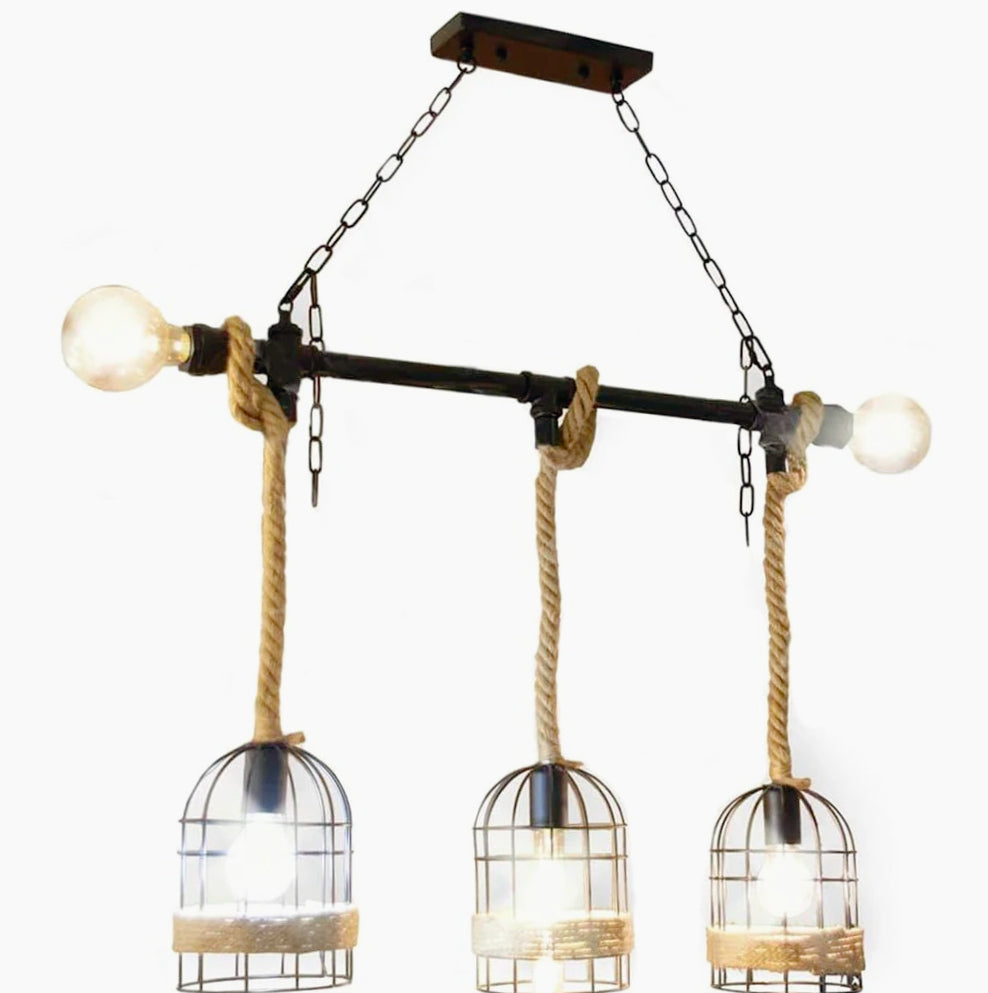 Lampadario stile industriale in metallo e corda di canapa – Design retrò, attacco E27 - ambraled