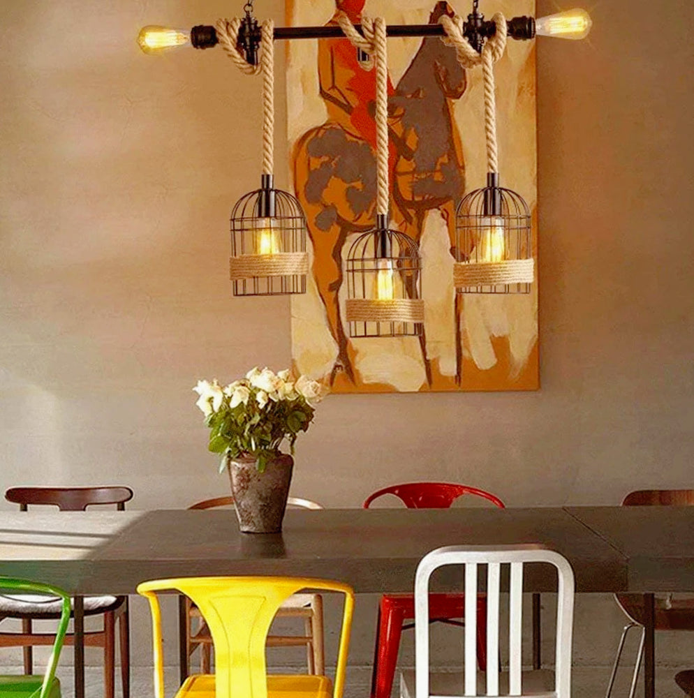 Lampadario stile industriale in metallo e corda di canapa – Design retrò, attacco E27 - ambraled