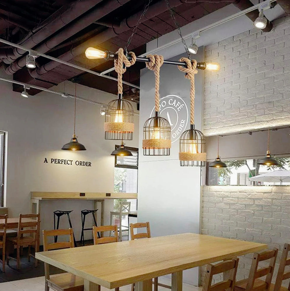 Lampadario stile industriale in metallo e corda di canapa – Design retrò, attacco E27 - ambraled
