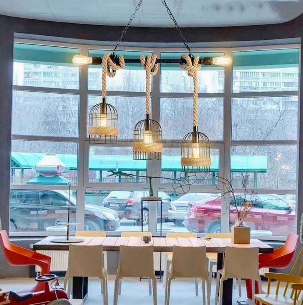 Lampadario stile industriale in metallo e corda di canapa – Design retrò, attacco E27 - ambraled
