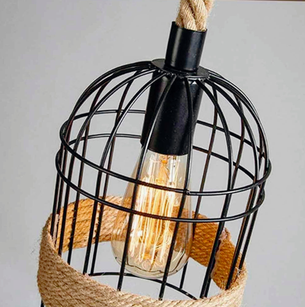 Lampadario stile industriale in metallo e corda di canapa – Design retrò, attacco E27 - ambraled