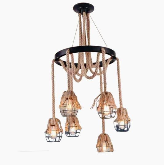 Lampadario vintage con corde in canapa e metallo – 6 portalampade E27 - ambraled