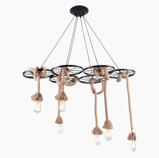 Lampadario vintage in corde di canapa con 6 portalampade E27 – Stile rustico - ambraled