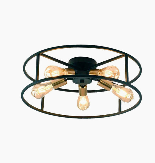 Luce industriale in metallo nero con 5 portalampade E27 color oro - ambraled