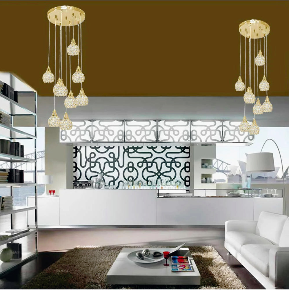 Lampadario sospeso 38,5W con cristalli a gocce – Attacco G9, finiture oro o argento - ambraled