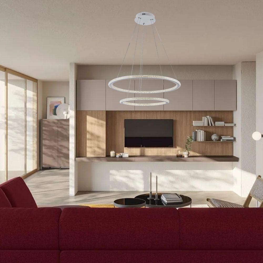 Lampadario LED 51W – Bianco, 2 anelli con cristalli, 3 colori di luce regolabili - ambraled