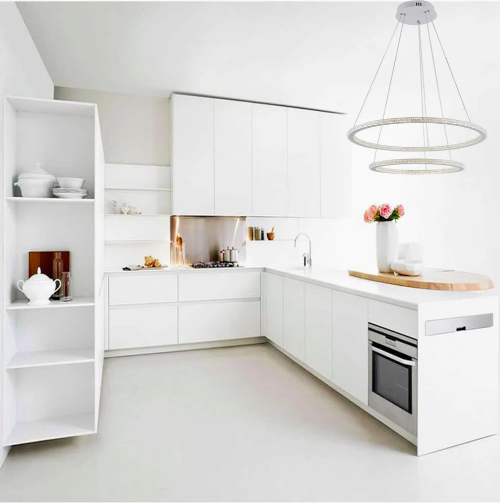Lampadario LED 51W – Bianco, 2 anelli con cristalli, 3 colori di luce regolabili - ambraled