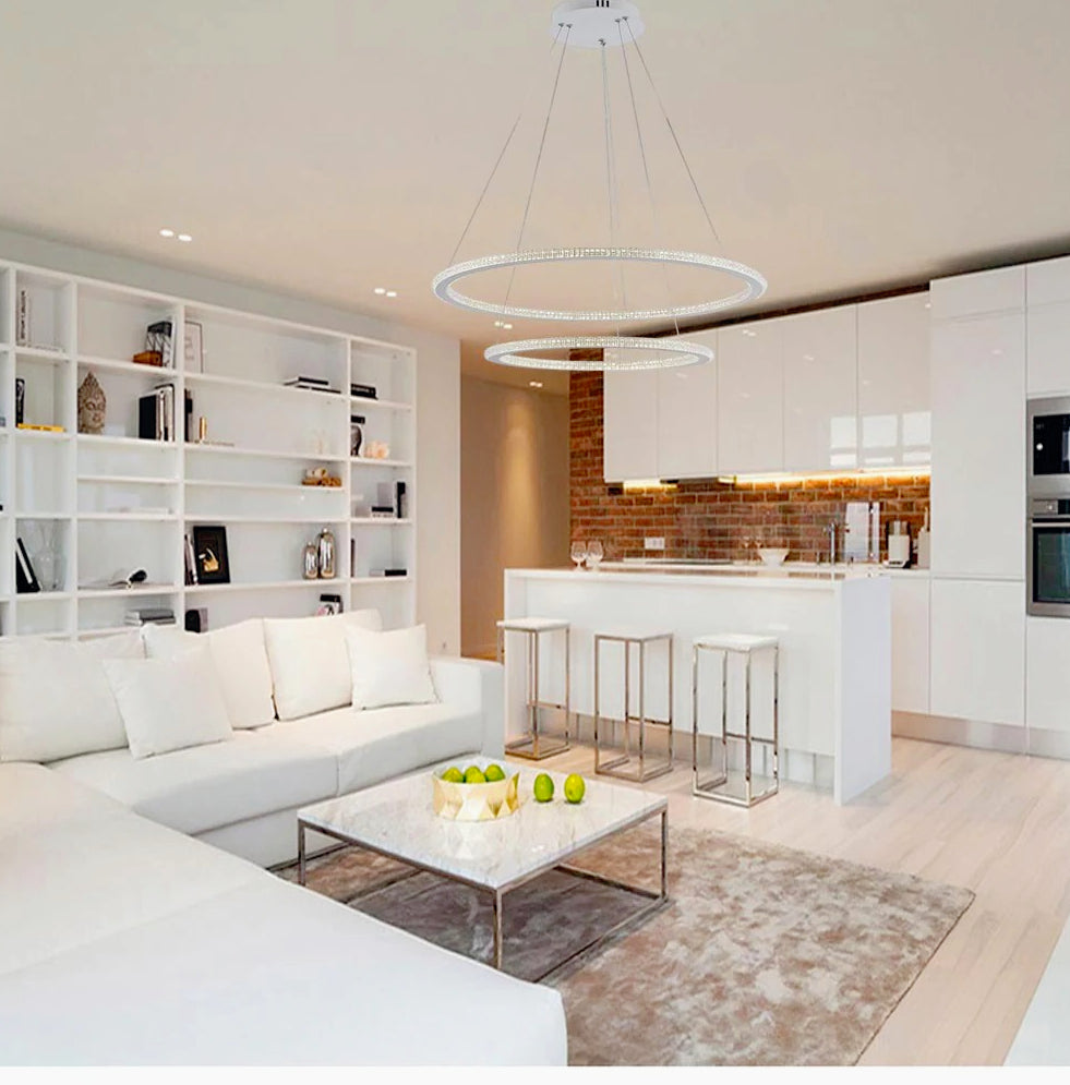 Lampadario LED 51W – Bianco, 2 anelli con cristalli, 3 colori di luce regolabili - ambraled