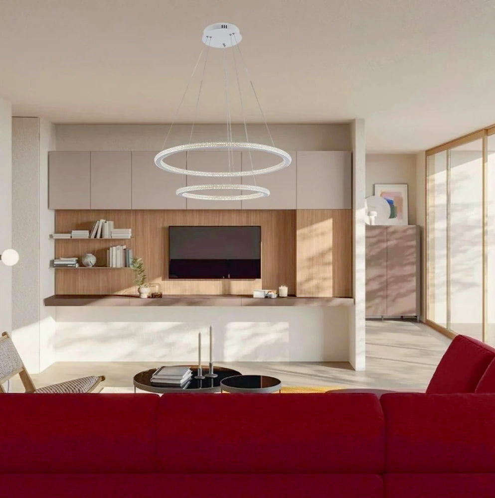 Lampadario LED 51W – Bianco, 2 anelli con cristalli, 3 colori di luce regolabili - ambraled