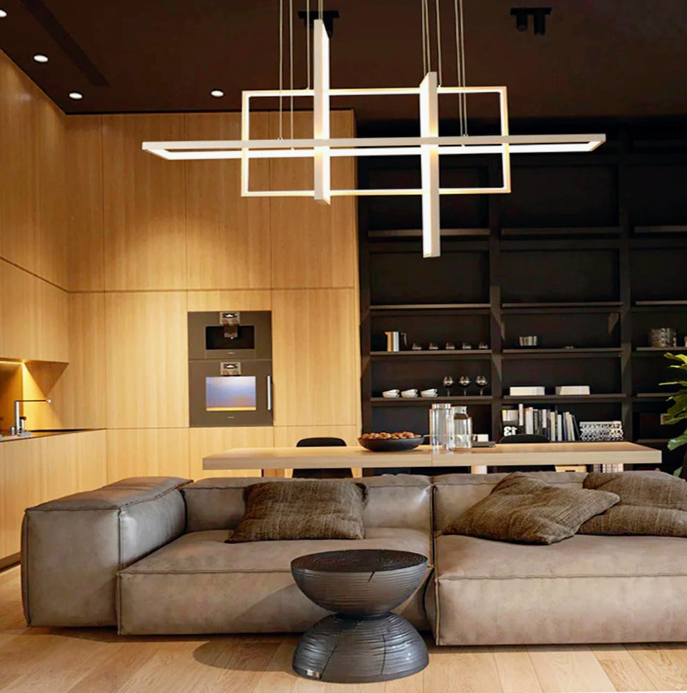 Lampadario LED geometrico – 98W, 4 rettangoli, luce regolabile (3000K / 4000K / 6500K) - ambraled
