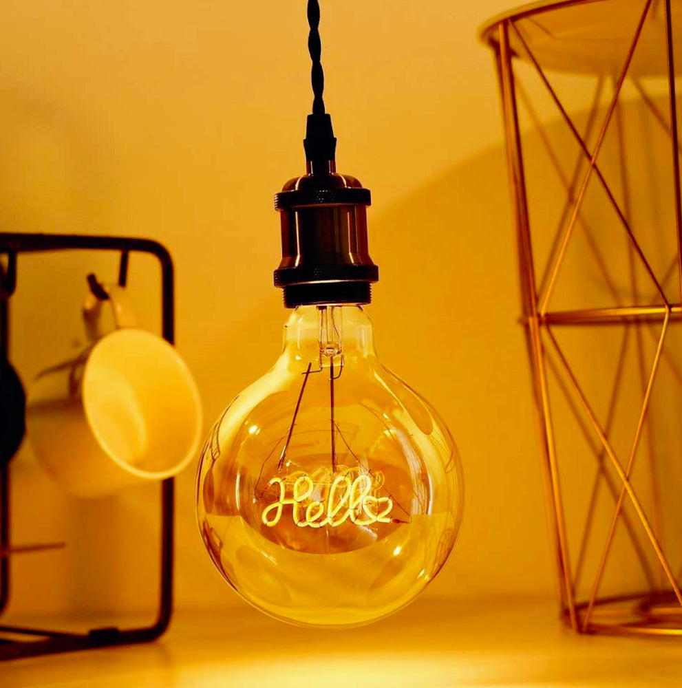 Lampadina LED a filamento ambrata E27 4W – Scritta "HELLO", luce calda - ambraled