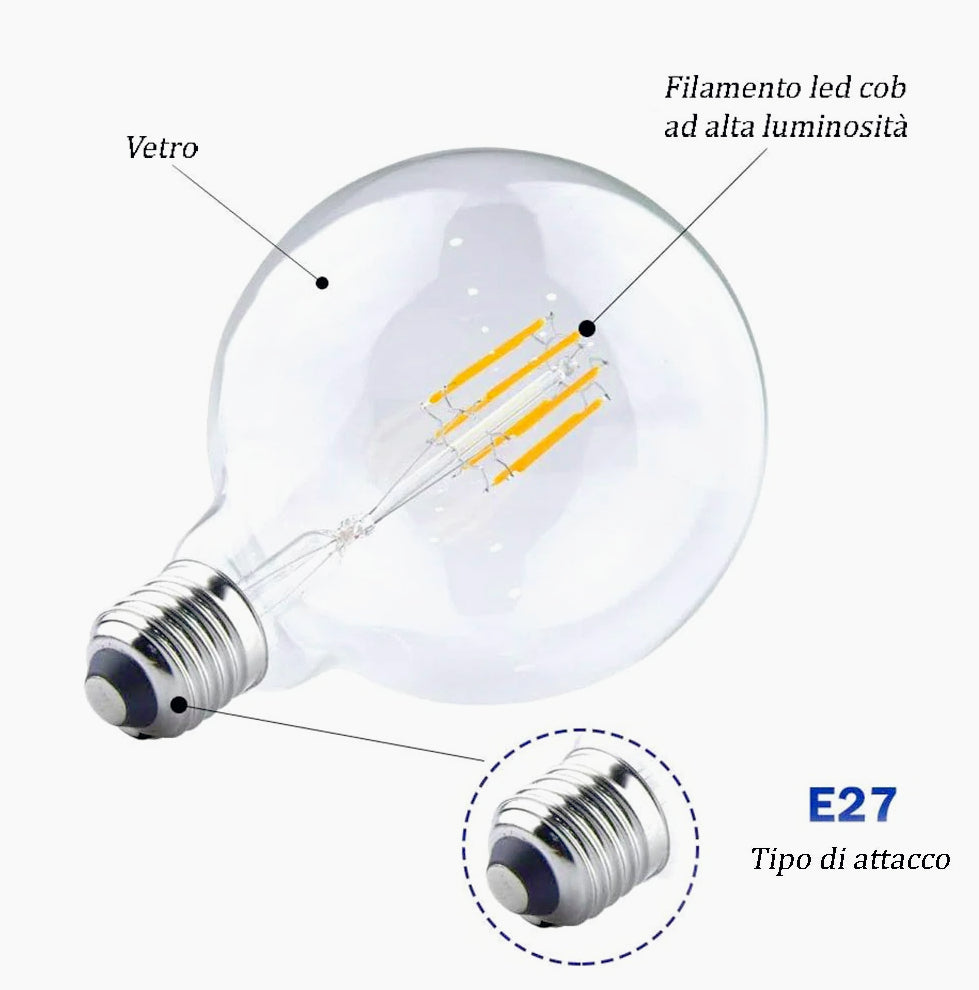 Lampadina LED filamento E27 12W – Globo G125 3000K/4000K/6500K - ambraled