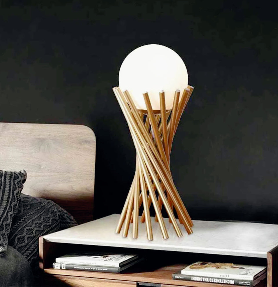 Lampada da tavolo tubolare in metallo bronzo – Con sfera opaca e lampadina G9 - ambraled