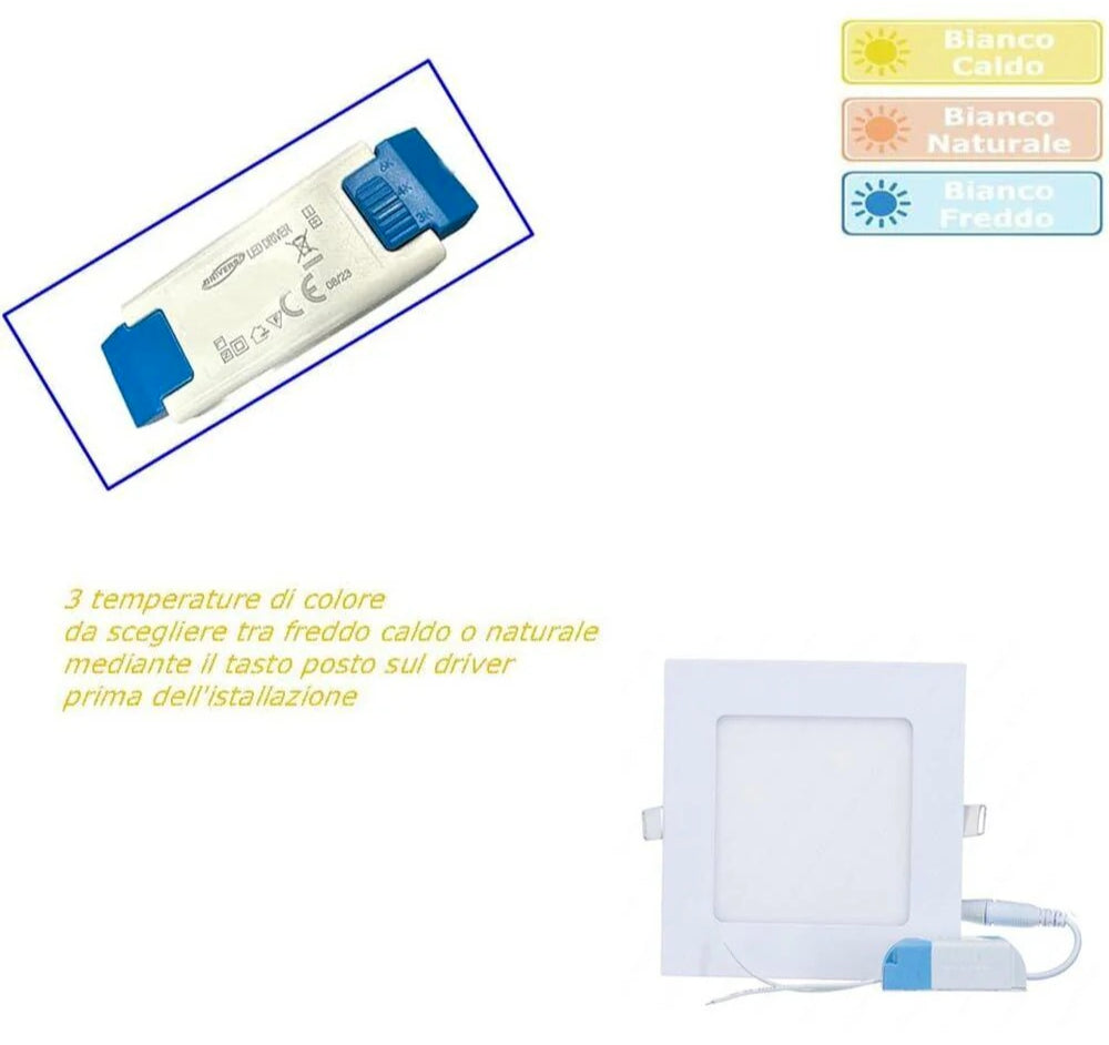 Pannello led incasso quadrato slim 3 6 12 18 24 watt tecnologia CCT - ambraled