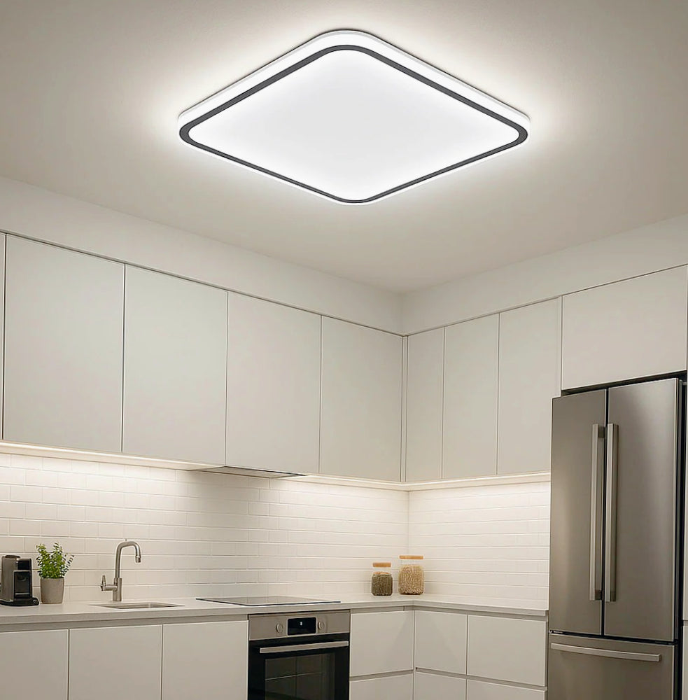 Plafoniera LED quadrata 50W bianca con bordo e tecnologia CCT (regolazione colore luce) - ambraled
