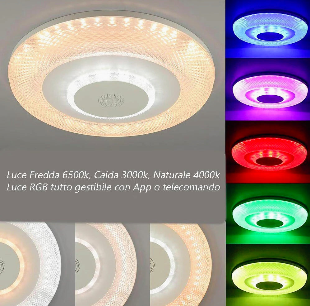 Plafoniera LED RGB 72W con controllo Bluetooth, telecomando e app (cassa trasparente) - ambraled
