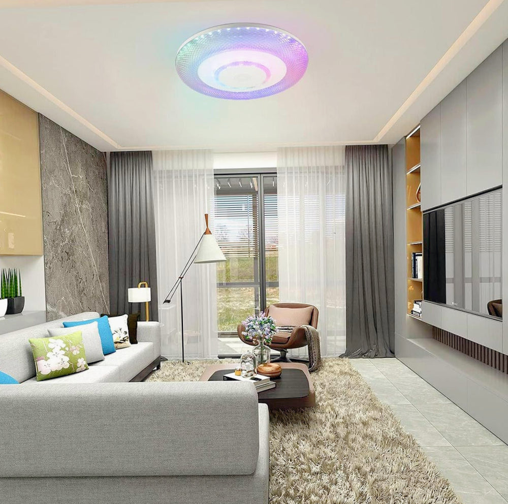 Plafoniera LED RGB 72W con controllo Bluetooth, telecomando e app (cassa trasparente) - ambraled