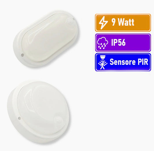 Plafoniera led con sensore di movimento 9W 6500k tonda o ovale IP56 - ambraled
