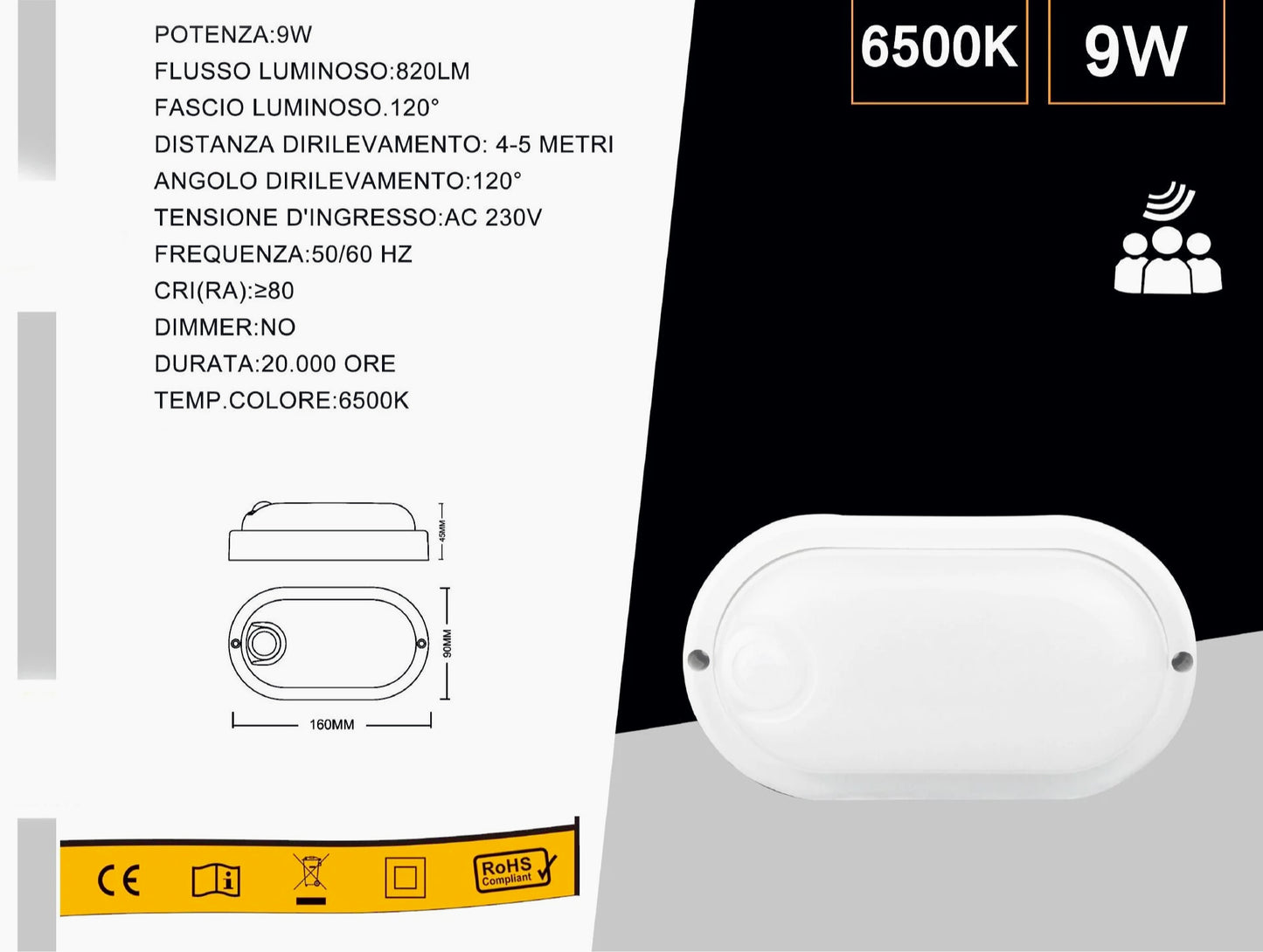 Plafoniera led con sensore di movimento 9W 6500k tonda o ovale IP56 - ambraled