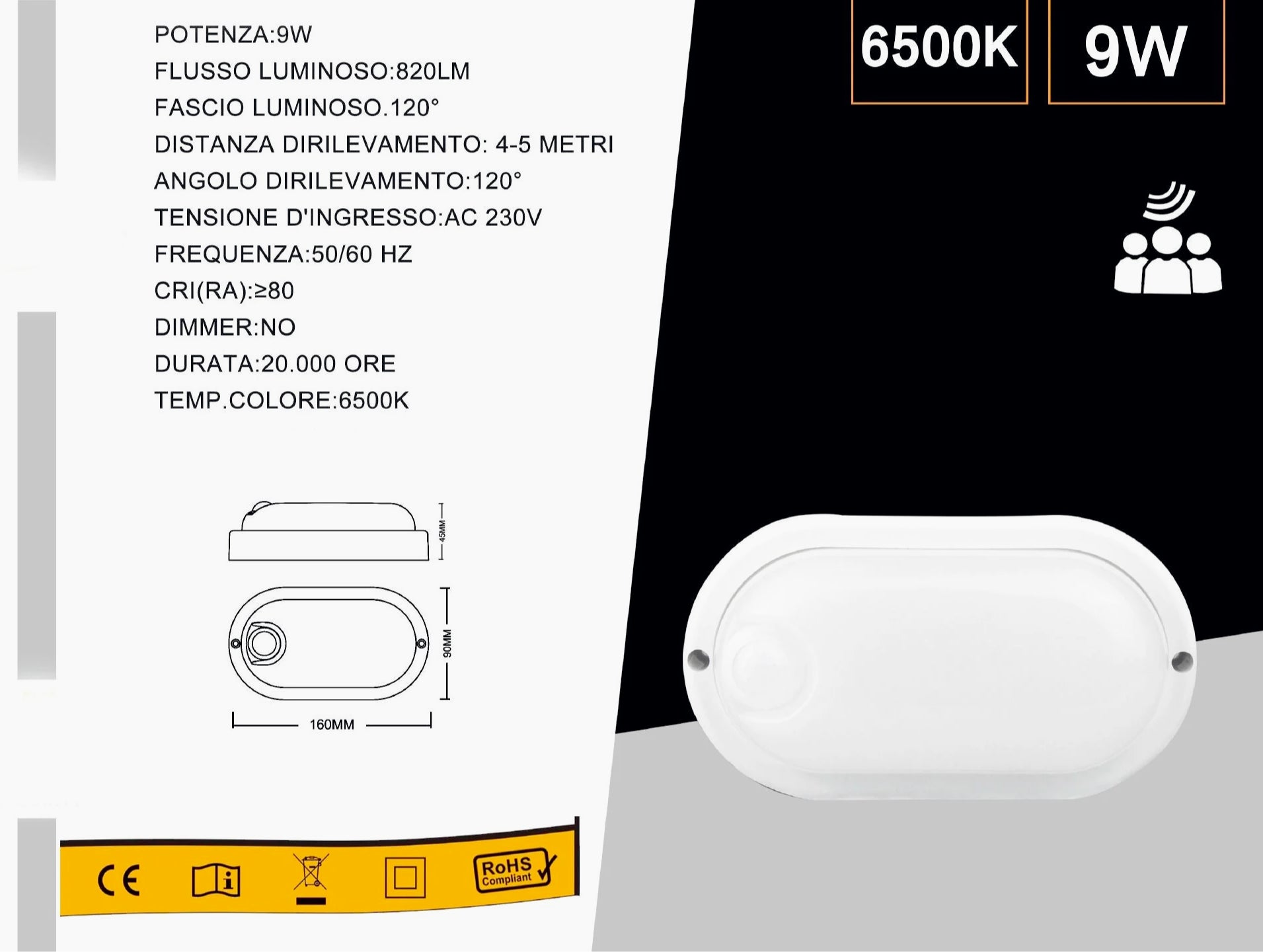 Plafoniera led con sensore di movimento 9W 6500k tonda o ovale IP56 - ambraled